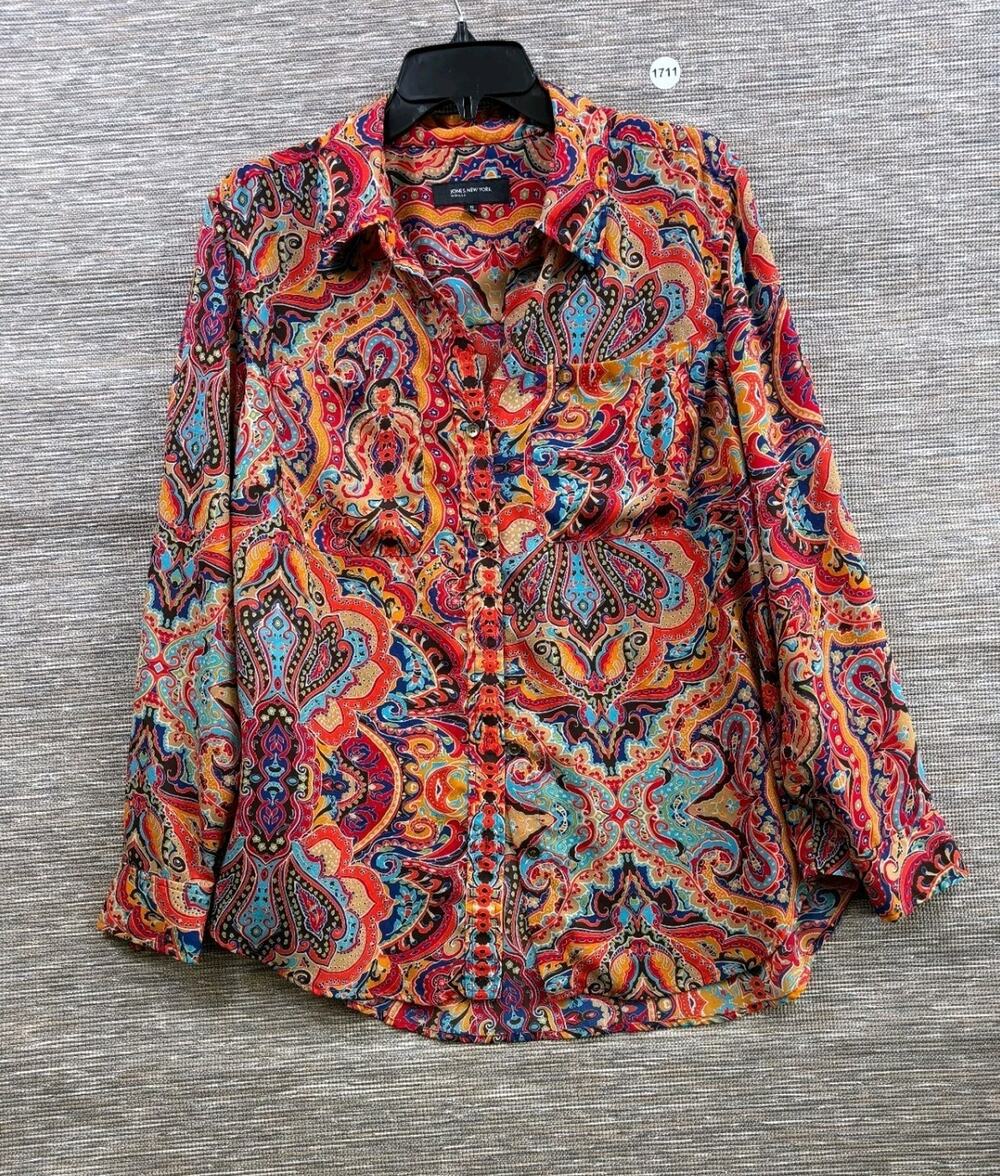 Jones New York Paisley Print Shirt Womens Size 1X Red Orange Long Sleeve